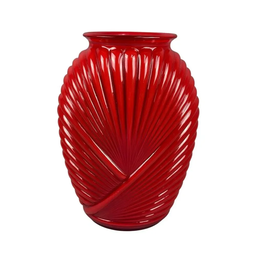 Vintage Anchor Hocking Red Glass Vase Art Deco Pleated Ribbed Design 1980's